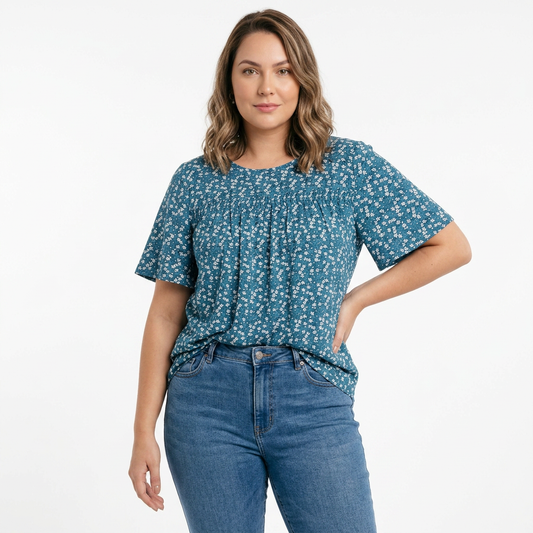 Blusa Floral con Manga de Volantes, Detalle Fruncido y Cuello Redondo