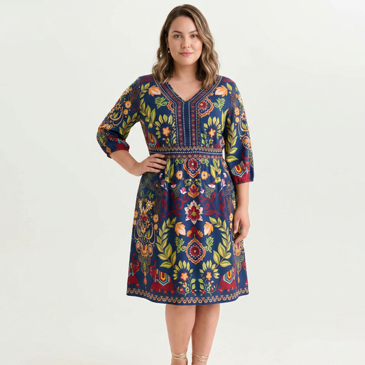 Mini Vestido Estampado Boho con Escote en V y Bolsillos