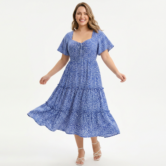 Vestido Floral Mini con Escote en Corazón, Cordón Ajustable, Bolsillos y Falda con Volantes
