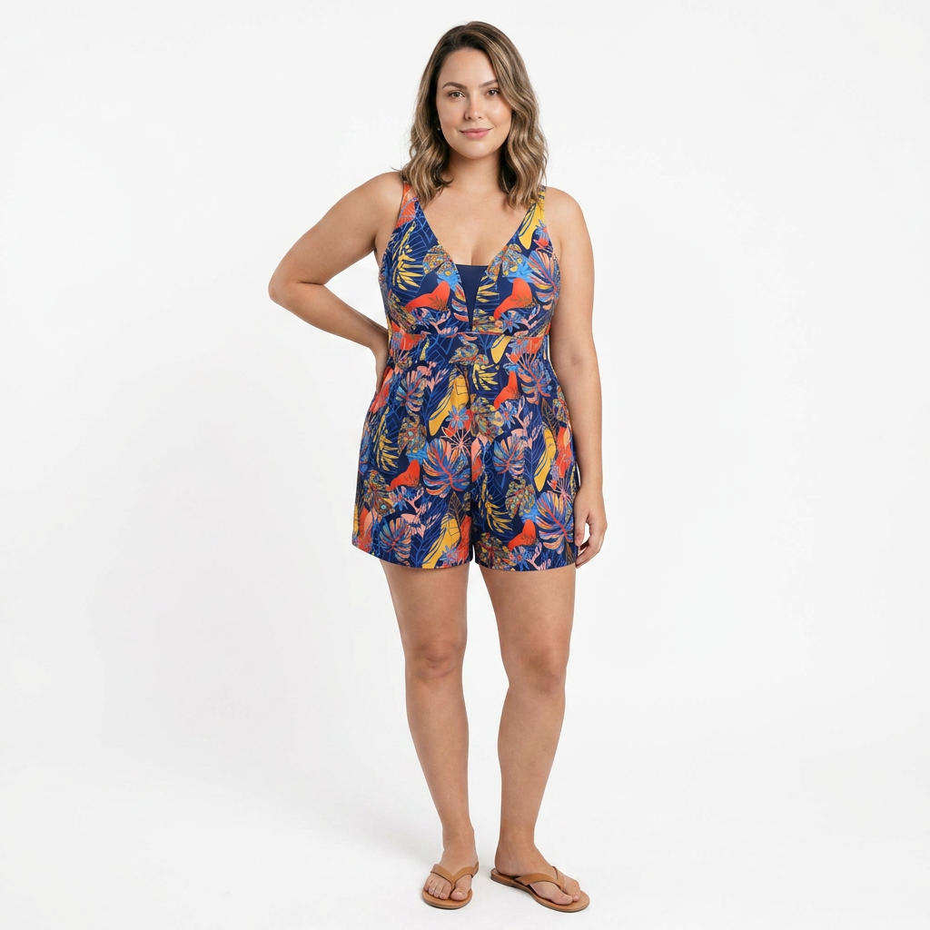 Bañador Entero con Estampado Tropical y Bolsillos