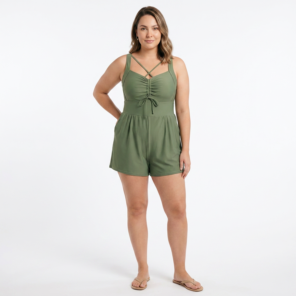 Bañador Romper con Detalles Cut-Out, Cordón Ajustable y Bolsillos