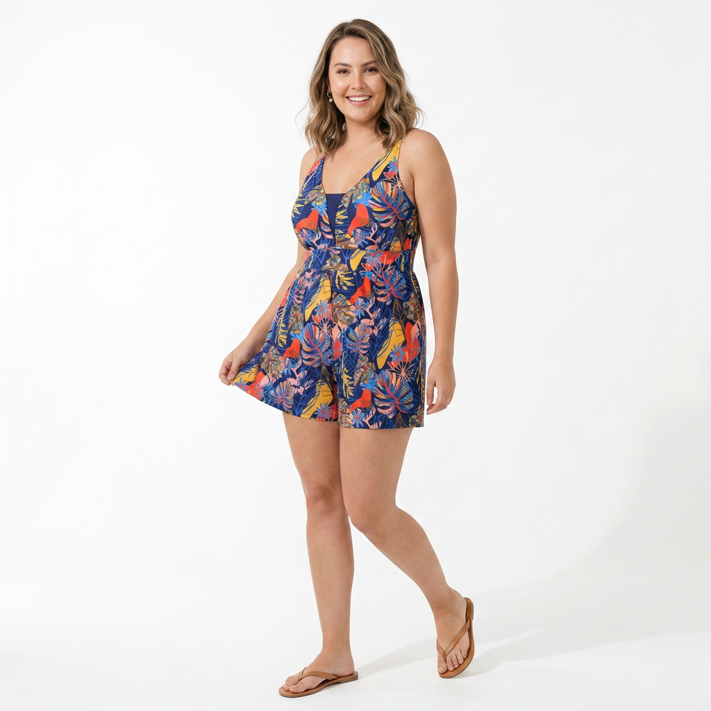 Bañador Entero con Estampado Tropical y Bolsillos