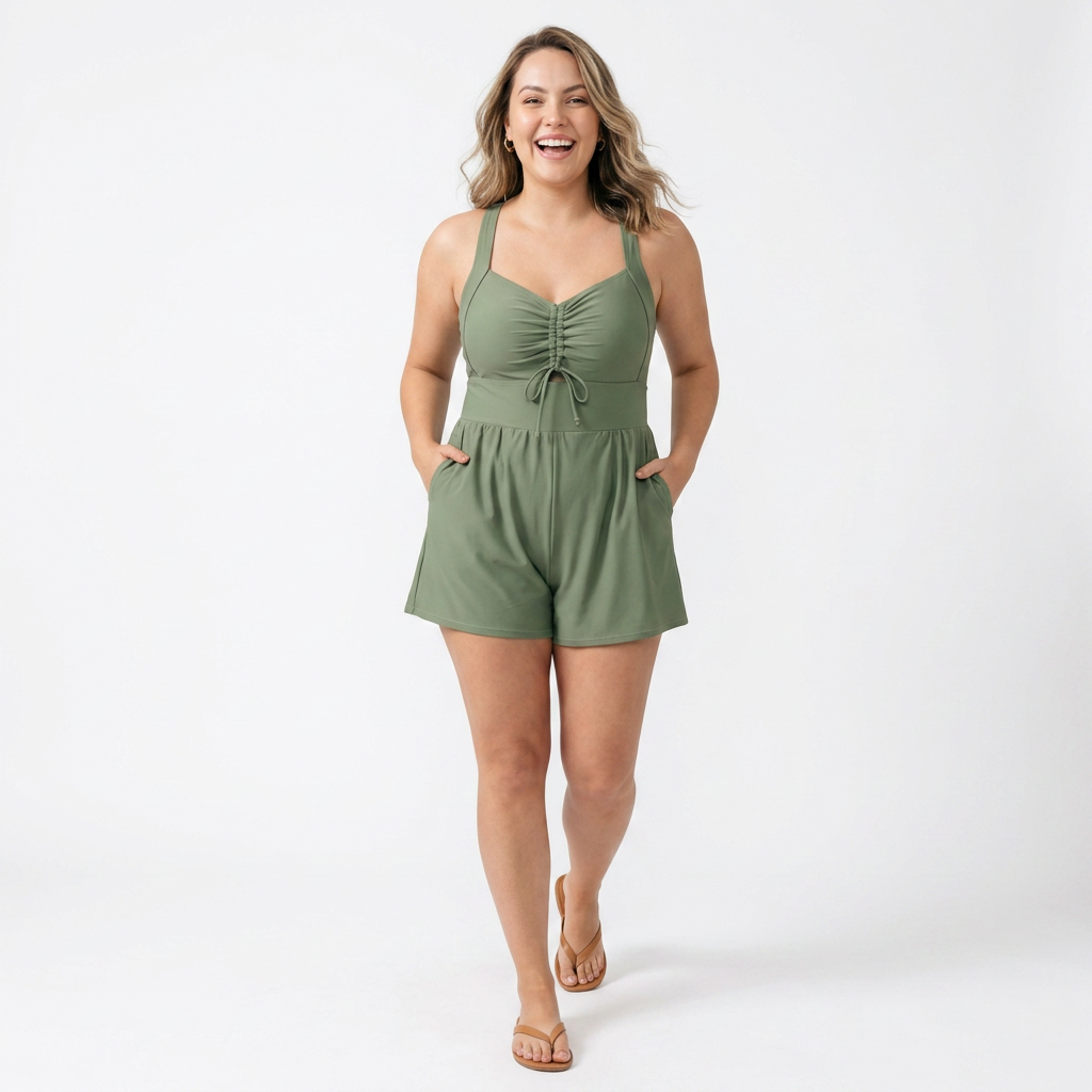 Bañador Romper con Detalles Cut-Out, Cordón Ajustable y Bolsillos