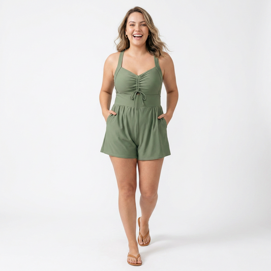 Bañador Romper con Detalles Cut-Out, Cordón Ajustable y Bolsillos
