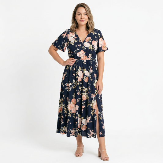 Vestido Largo Bloom — Floral Mini con Manga de Volantes, Bolsillos y Abertura