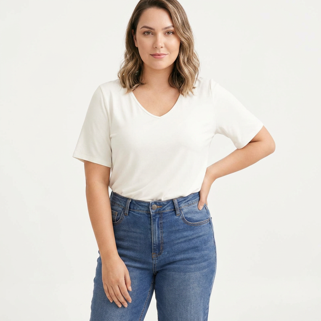 Camiseta Básica de Algodón Lisa con Escote en V