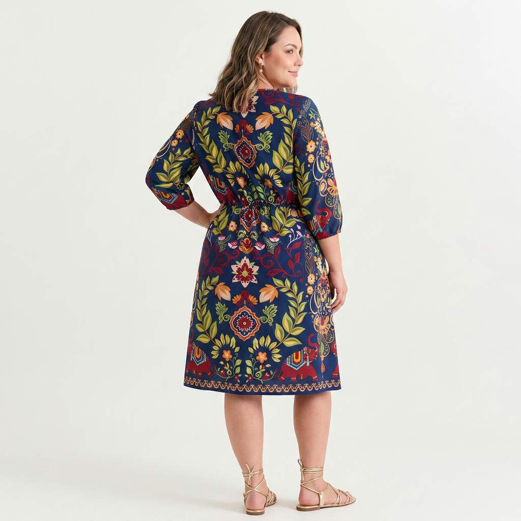 Mini Vestido Estampado Boho con Escote en V y Bolsillos