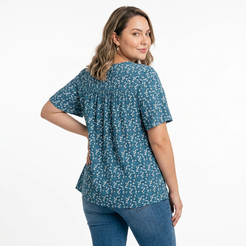 Blusa Floral con Manga de Volantes, Detalle Fruncido y Cuello Redondo