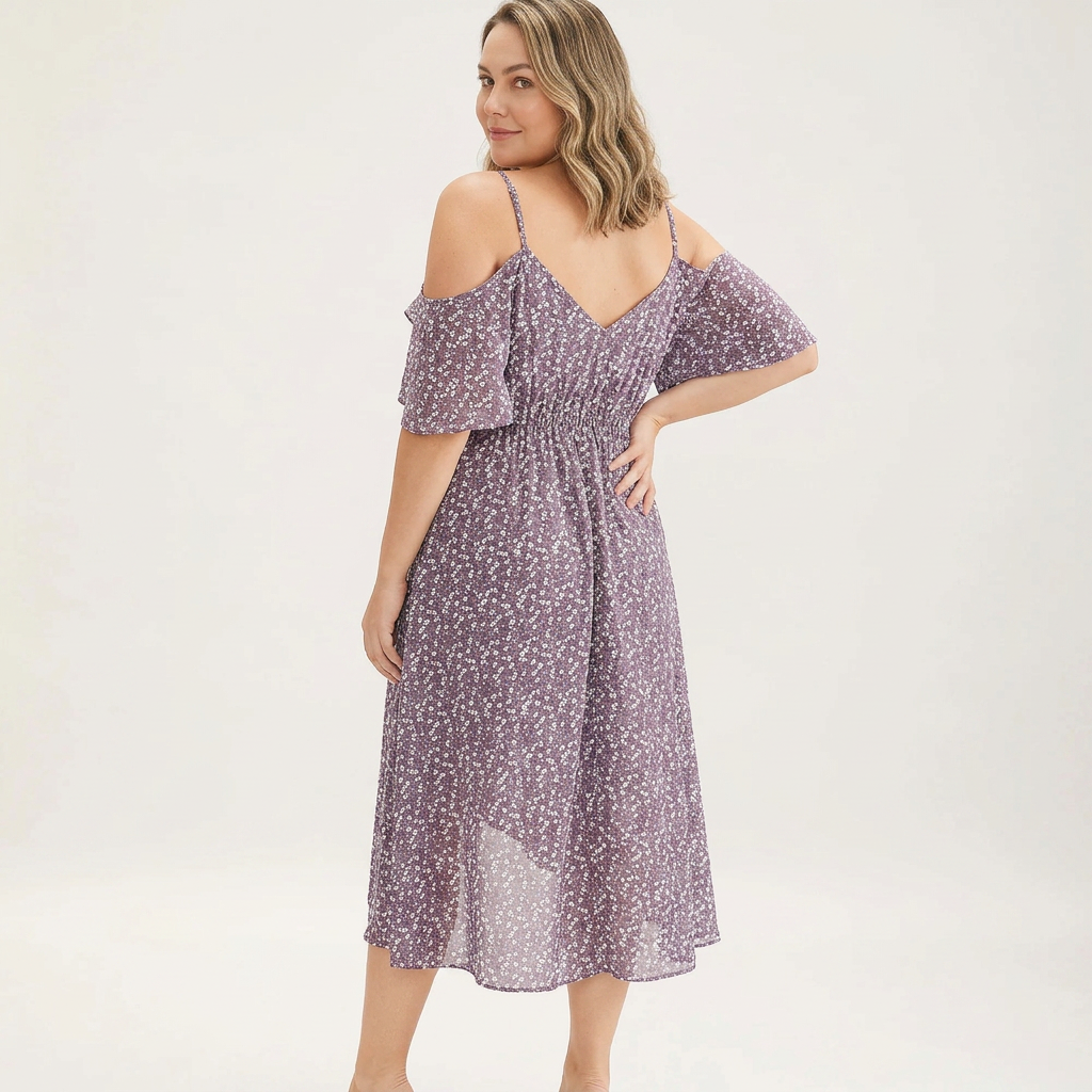 Vestido Cruzado con Estampado Floral Mini, Hombros Descubiertos y Volantes
