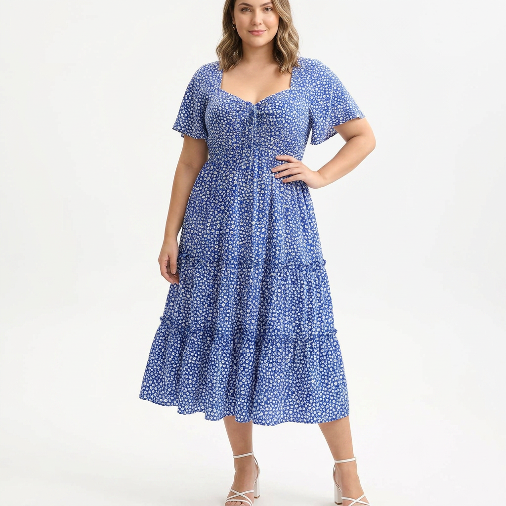 Vestido Floral Mini con Escote en Corazón, Cordón Ajustable, Bolsillos y Falda con Volantes