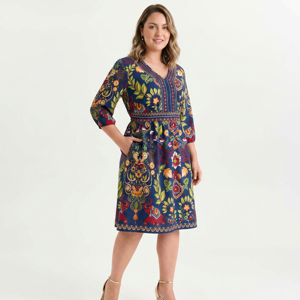 Mini Vestido Estampado Boho con Escote en V y Bolsillos