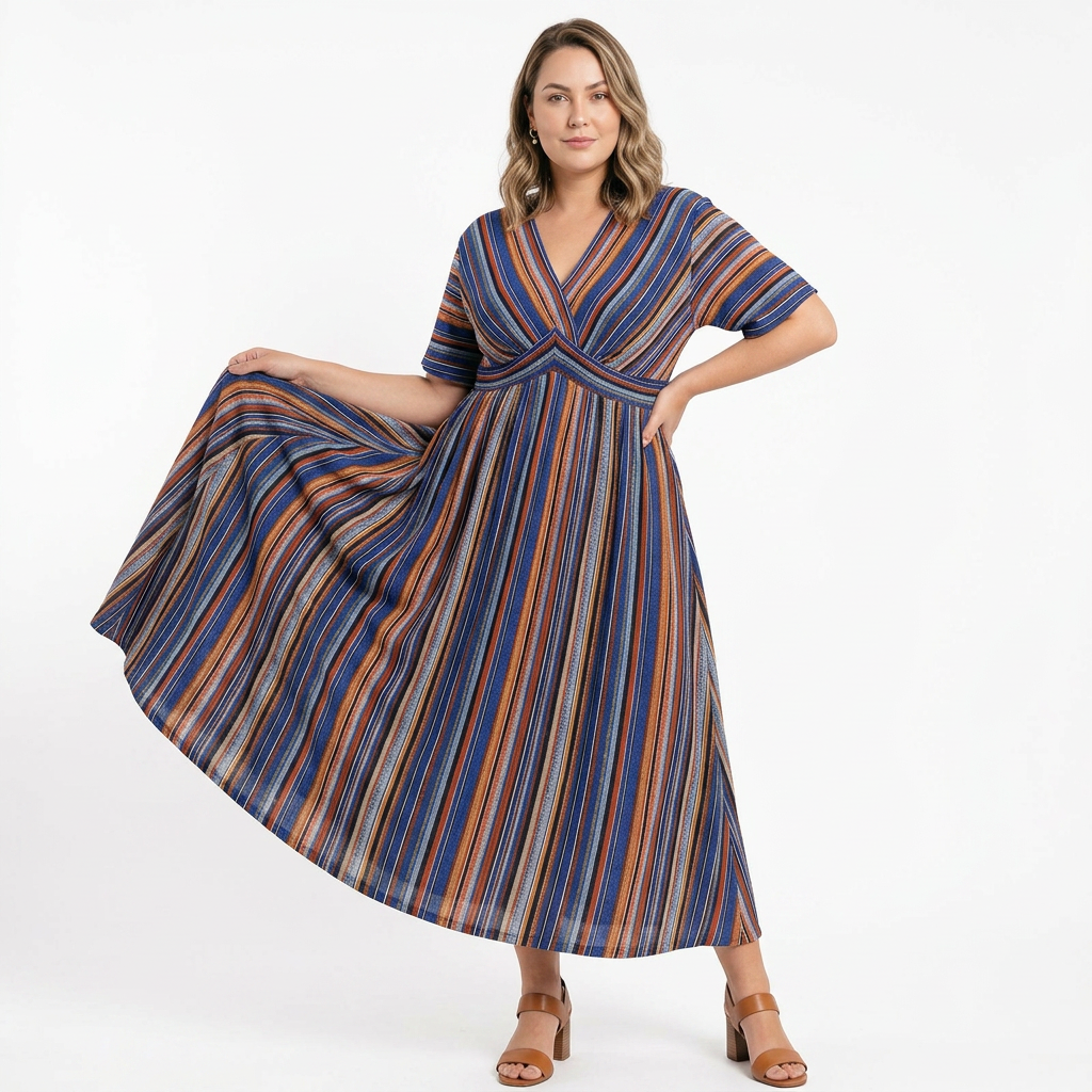 Vestido a Rayas con Contraste, Manga Murciélago, Bolsillos y Falda con Vuelo