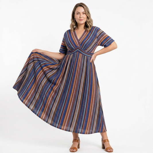 Vestido a Rayas con Contraste, Manga Murciélago, Bolsillos y Falda con Vuelo
