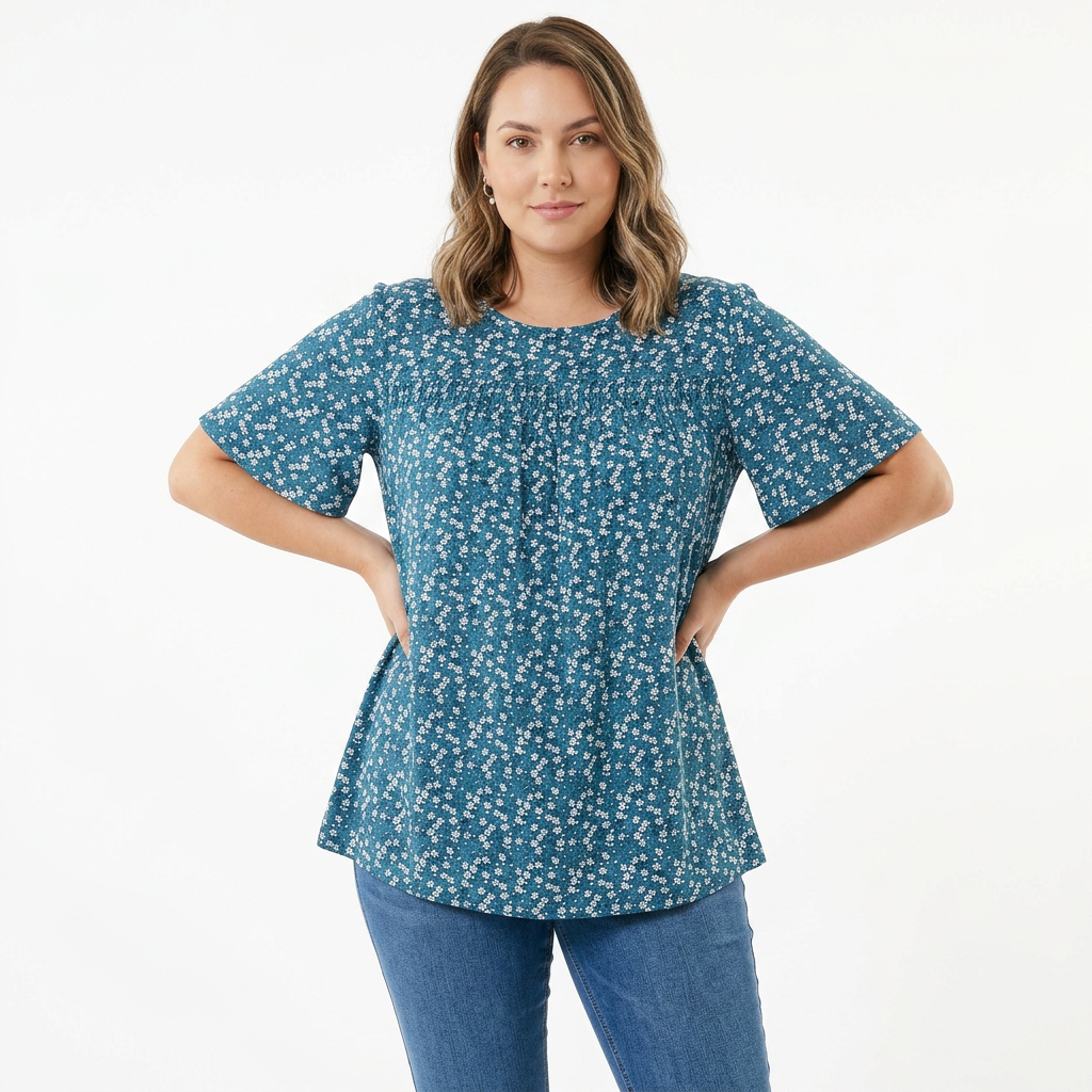 Blusa Floral con Manga de Volantes, Detalle Fruncido y Cuello Redondo