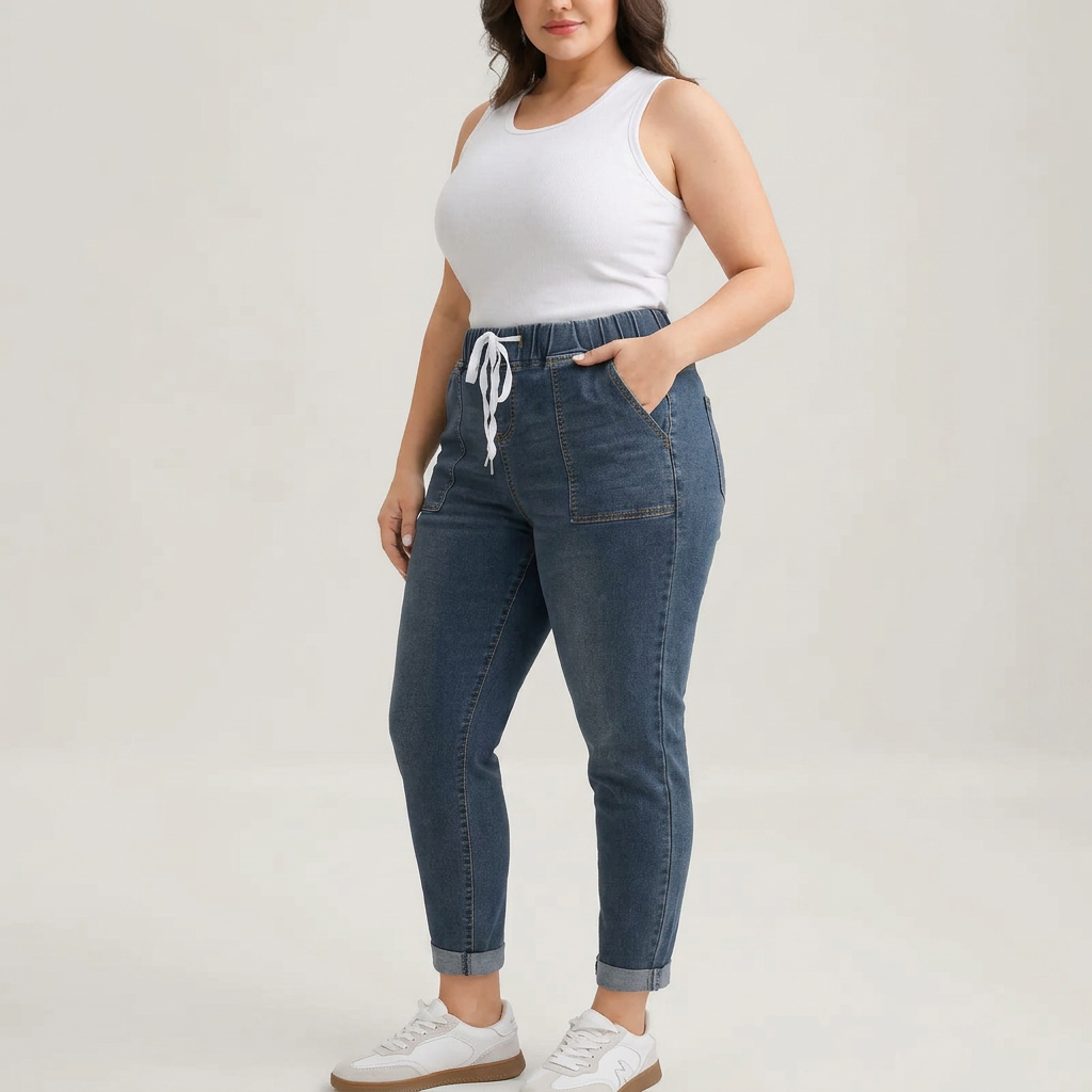 Jeans Boyfriend Pull-On con Cordón Ajustable y Bajo Doblado