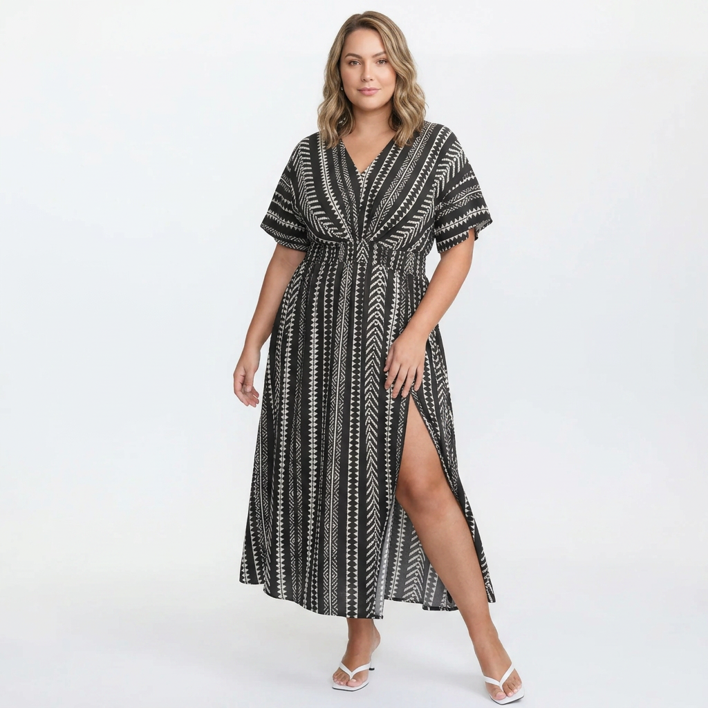 Vestido Liso Geométrico con Manga Murciélago, Bolsillos, Detalle Fruncido y Bajo con Abertura