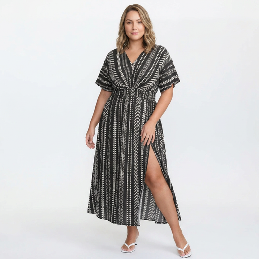 Vestido Liso Geométrico con Manga Murciélago, Bolsillos, Detalle Fruncido y Bajo con Abertura
