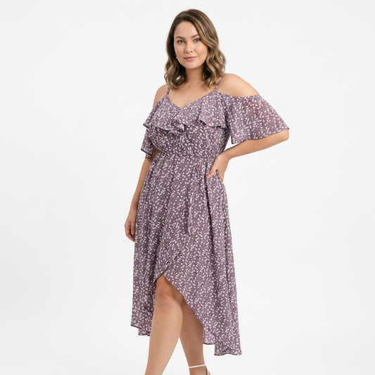 Vestido Cruzado con Estampado Floral Mini, Hombros Descubiertos y Volantes