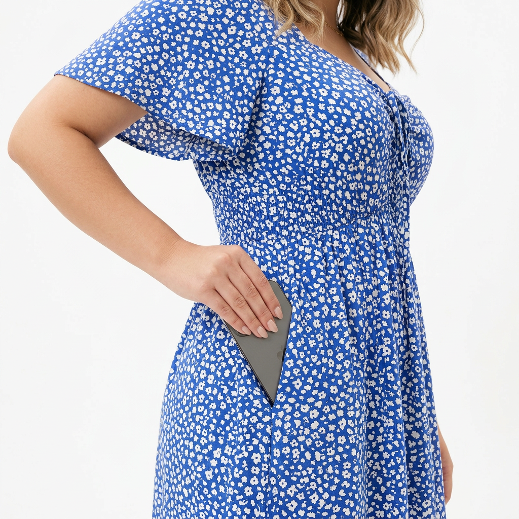 Vestido Floral Mini con Escote en Corazón, Cordón Ajustable, Bolsillos y Falda con Volantes