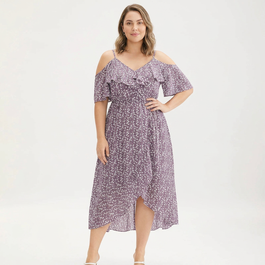 Vestido Cruzado con Estampado Floral Mini, Hombros Descubiertos y Volantes