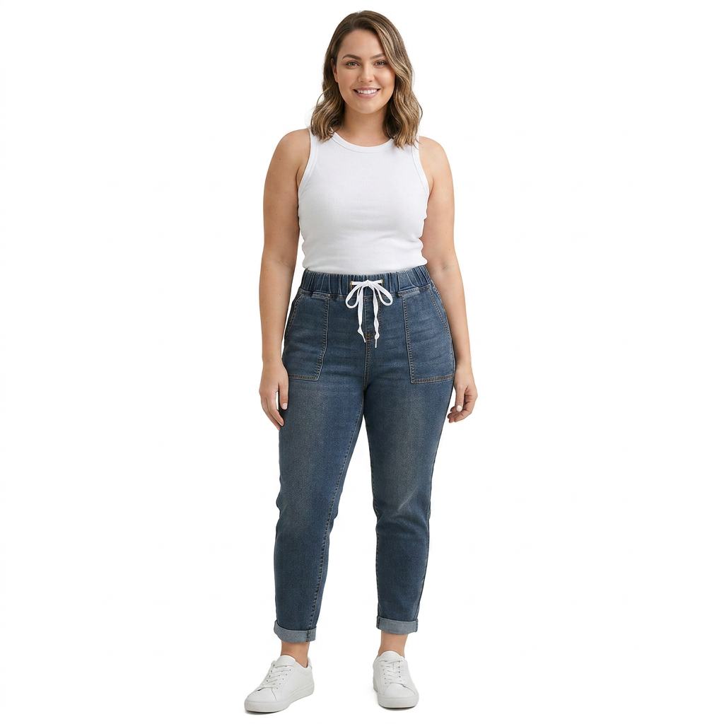 Jeans Boyfriend Pull-On con Cordón Ajustable y Bajo Doblado