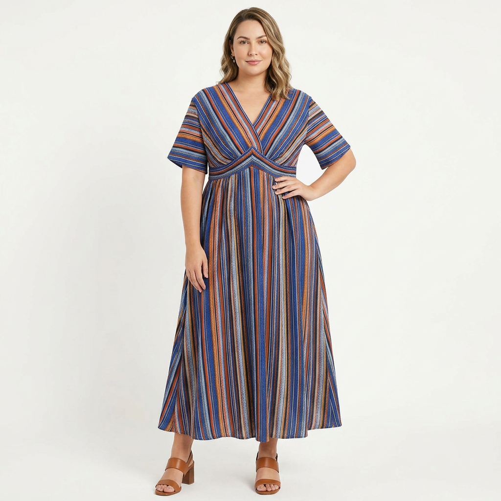 Vestido a Rayas con Contraste, Manga Murciélago, Bolsillos y Falda con Vuelo