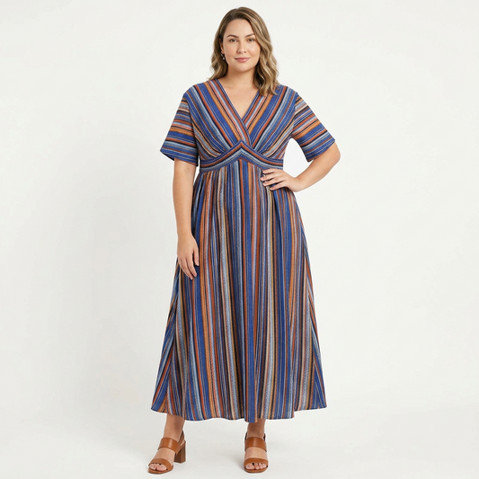 Vestido a Rayas con Contraste, Manga Murciélago, Bolsillos y Falda con Vuelo