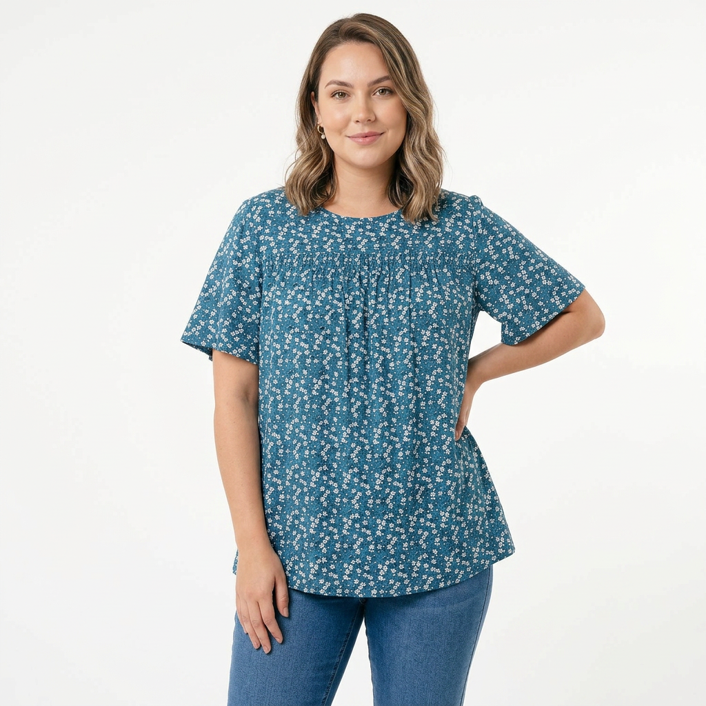 Blusa Floral con Manga de Volantes, Detalle Fruncido y Cuello Redondo