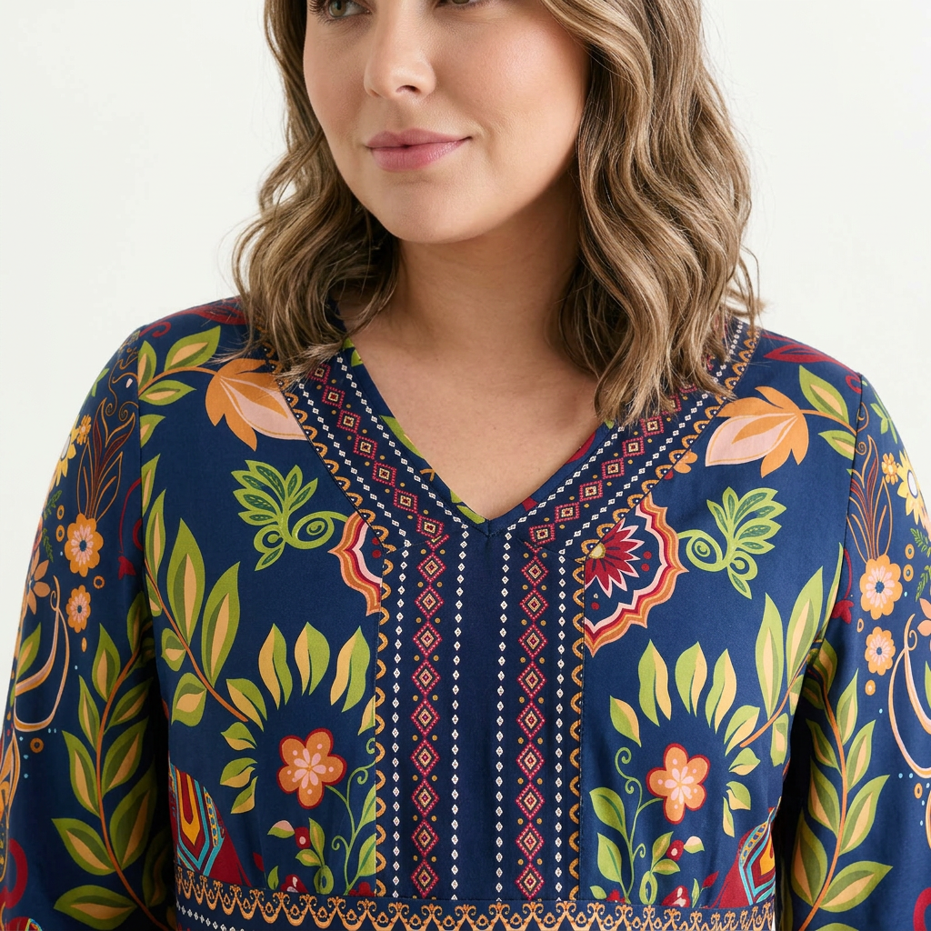 Mini Vestido Estampado Boho con Escote en V y Bolsillos
