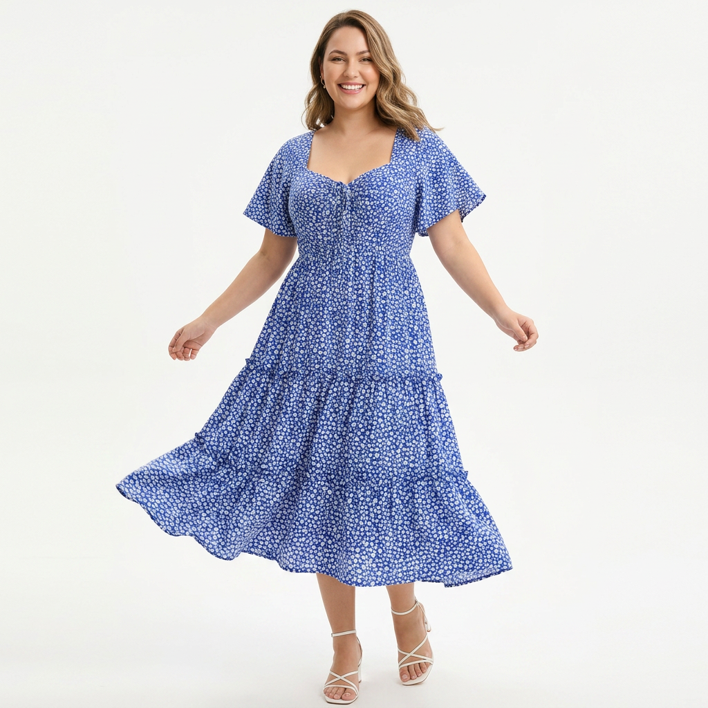 Vestido Floral Mini con Escote en Corazón, Cordón Ajustable, Bolsillos y Falda con Volantes