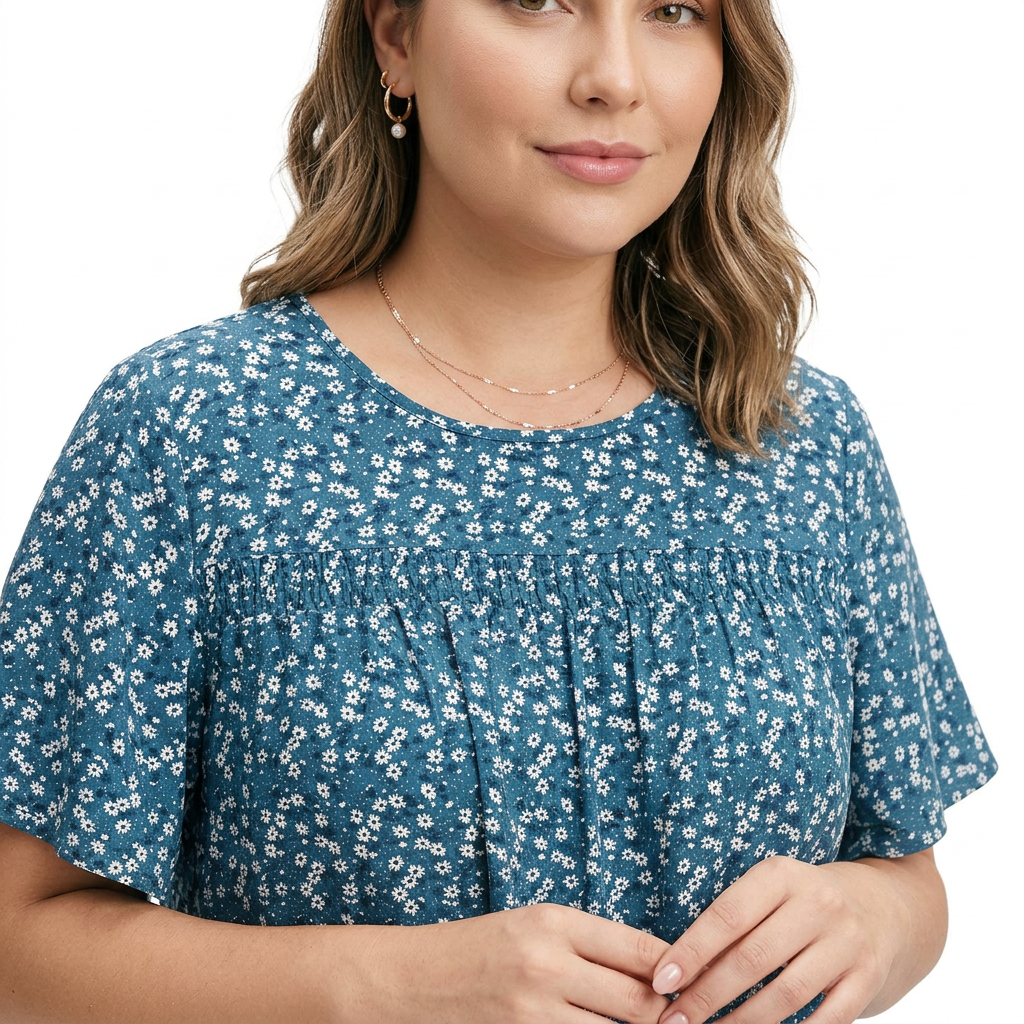 Blusa Floral con Manga de Volantes, Detalle Fruncido y Cuello Redondo