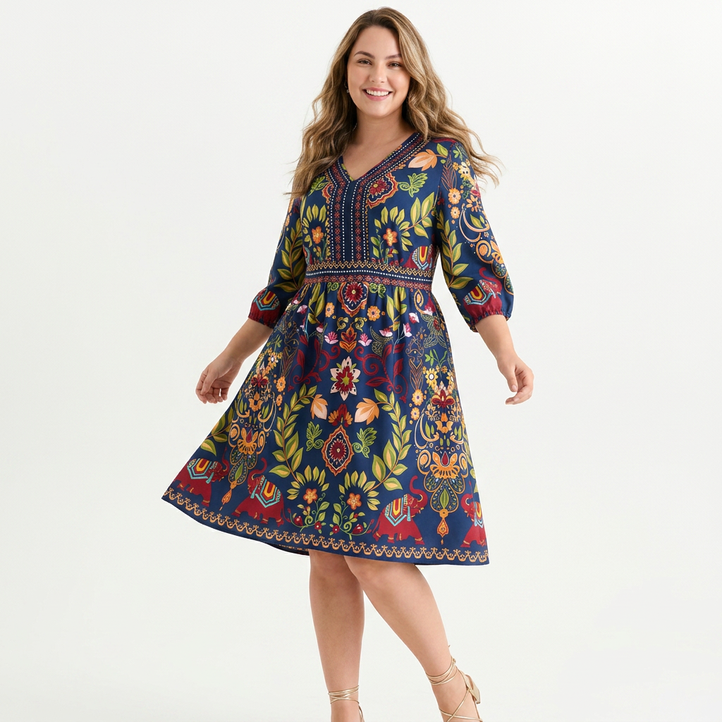 Mini Vestido Estampado Boho con Escote en V y Bolsillos