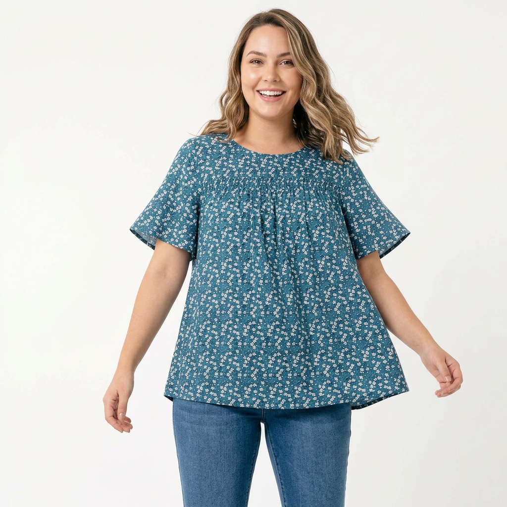 Blusa Floral con Manga de Volantes, Detalle Fruncido y Cuello Redondo