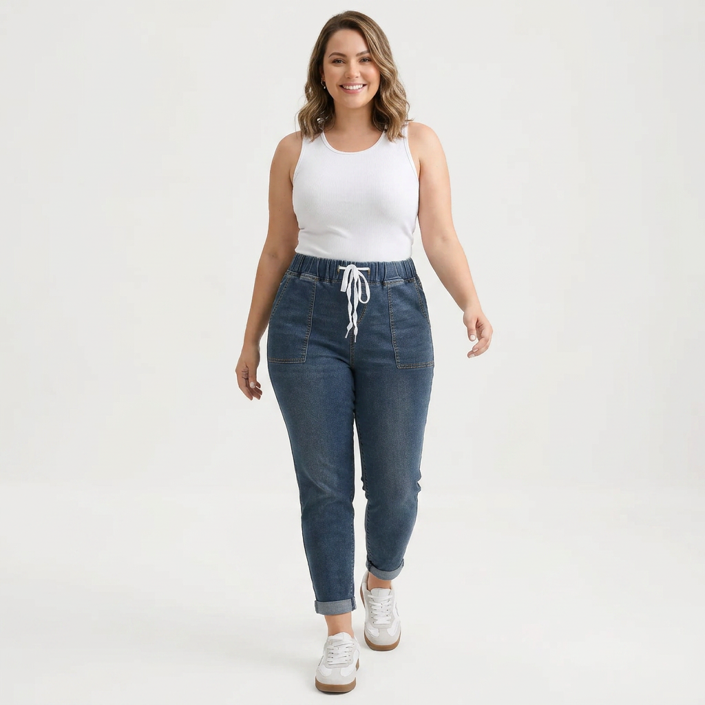 Jeans Boyfriend Pull-On con Cordón Ajustable y Bajo Doblado