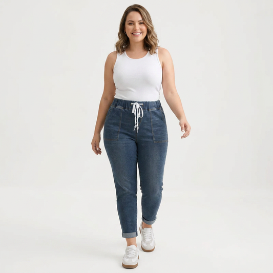 Jeans Boyfriend Pull-On con Cordón Ajustable y Bajo Doblado