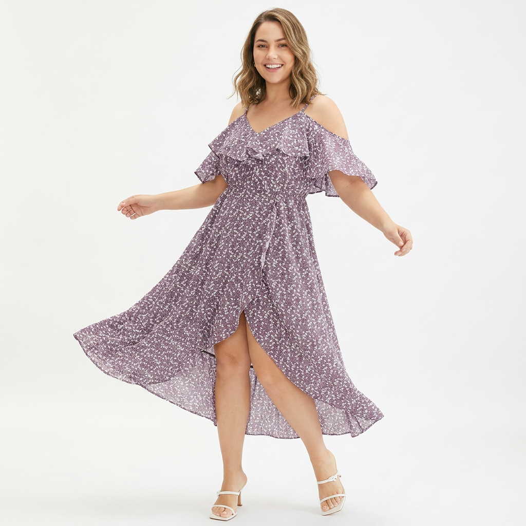 Vestido Cruzado con Estampado Floral Mini, Hombros Descubiertos y Volantes